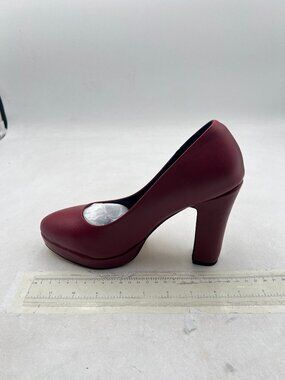 miss left Burgundy Platform Almond Toe Classic Slip On Block High Heels Pumps